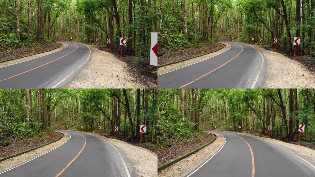 茂密的丛林森林中的沥青空狭窄道路。菲律宾薄荷岛人造森林