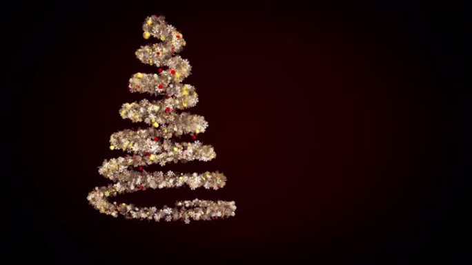 金色的灯光盘旋成一棵抽象的圣诞树，里面有儿童玩具和雪花花环。动画。黑色背景上的旋转新年云杉