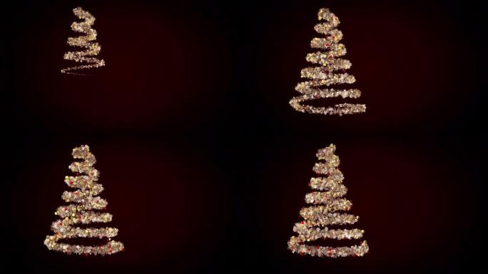 金色的灯光盘旋成一棵抽象的圣诞树，里面有儿童玩具和雪花花环。动画。黑色背景上的旋转新年云杉