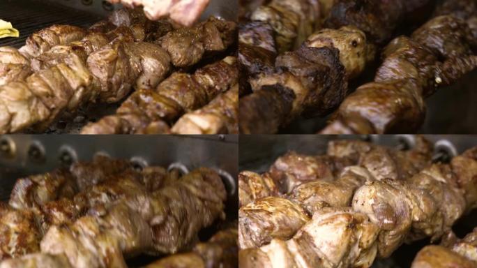 诱人的烧烤，烤猪肉和烧烤排骨作为街头食品。传统食品概念。