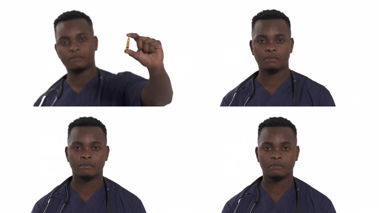持有安瓿药物的非洲男性医生。医疗保健和药学概念。焦点变化镜头
