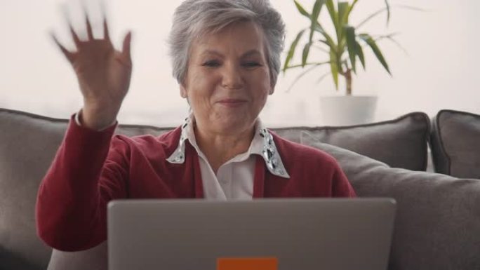 快乐的退休妇女使用现代技术与家人视频聊天