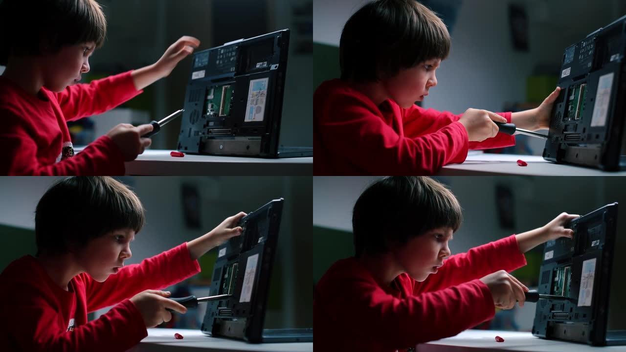 男生拧开电脑面板上的螺丝。