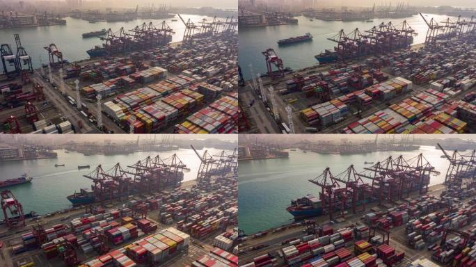 4k延时或超延时: 在码头商业港口从集装箱船到卡车的鸟瞰图工作起重机桥卸载集装箱，用于商业物流，进出