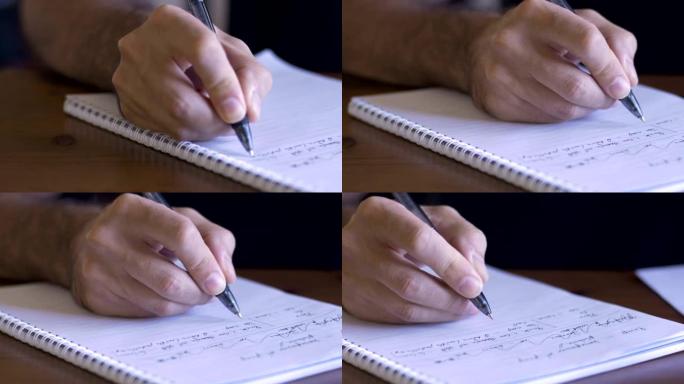 一名男子用笔头在螺旋装订的纸质笔记本上写字-多莉近距离拍摄