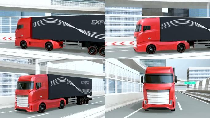 通用设计红色重型电动卡车在高速公路上行驶