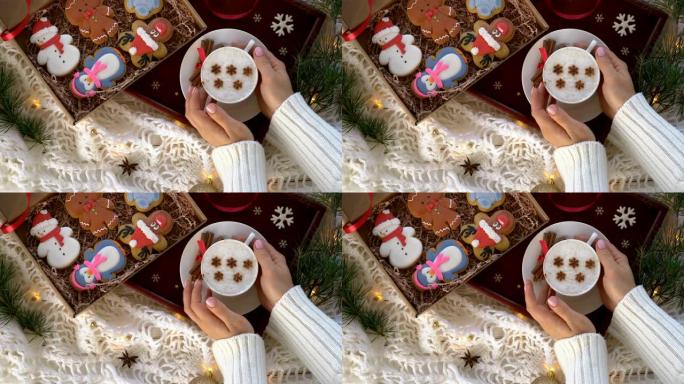 圣诞节，新年装饰，白色舒适背景上有姜饼和一杯咖啡，庆祝冬季卡