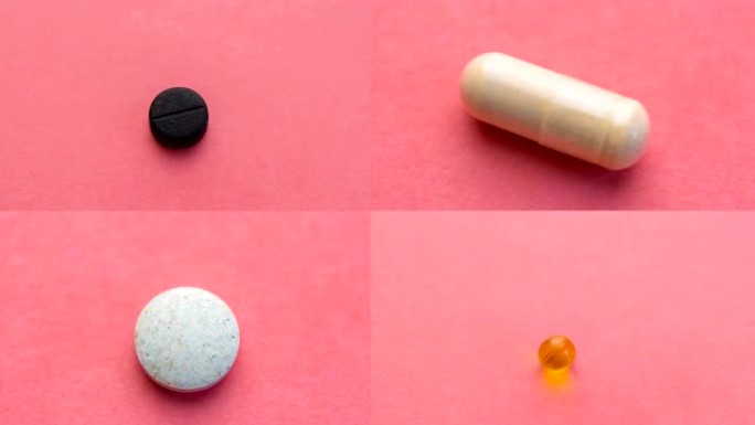 不同的药丸顺序。粉红色背景上几种不同药丸的停止运动