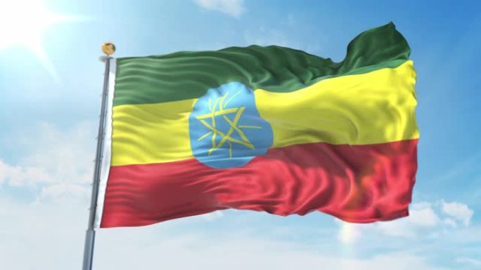 在深蓝色的天空中，埃塞俄比亚国旗在风中飘扬。国家主题，国际理念。3D渲染无缝循环4K