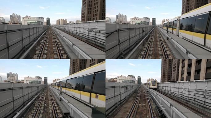 4k，地铁正在穿越城市。亚洲旅游、交通科技。