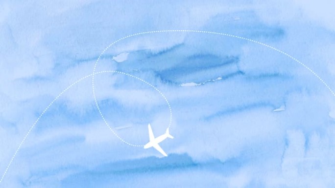 飞机沿着蓝色水彩天空背景上的轨迹飞行。飞机旅行。