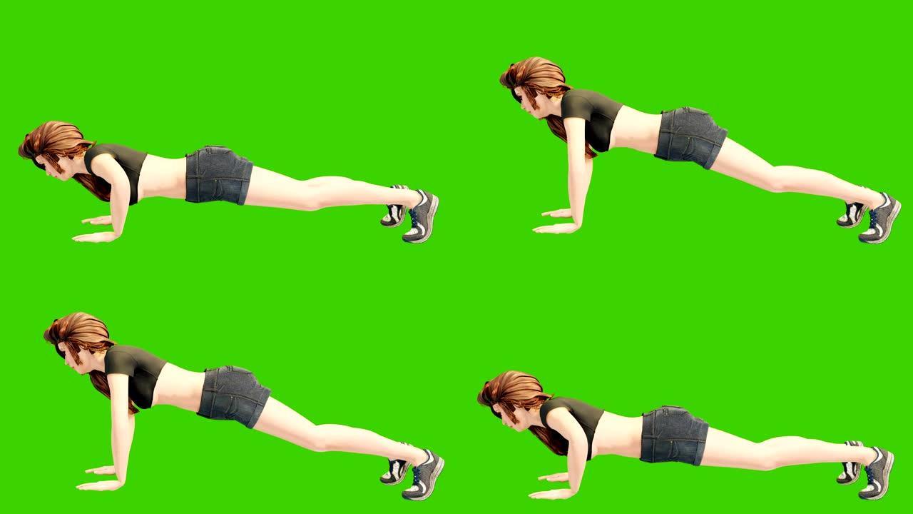 一个年轻漂亮的女人正在从事体育锻炼。绿色屏幕前循环健康概念的3D动画。