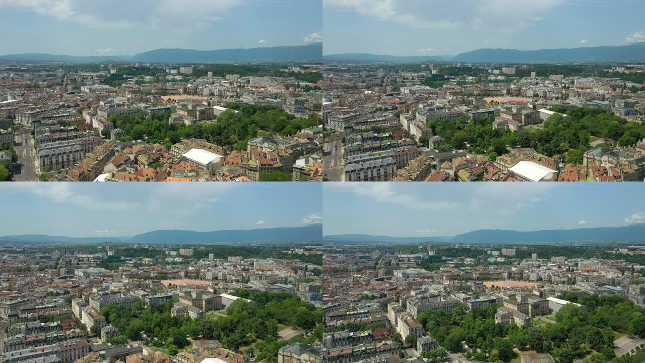 阳光明媚的一天飞越日内瓦城市景观航空全景4k瑞士