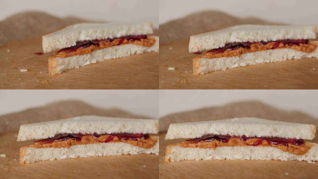 花生酱和果冻，果酱三明治旋转，转动，特写，宏