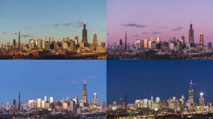 芝加哥天际线-白天到晚上的时间流逝