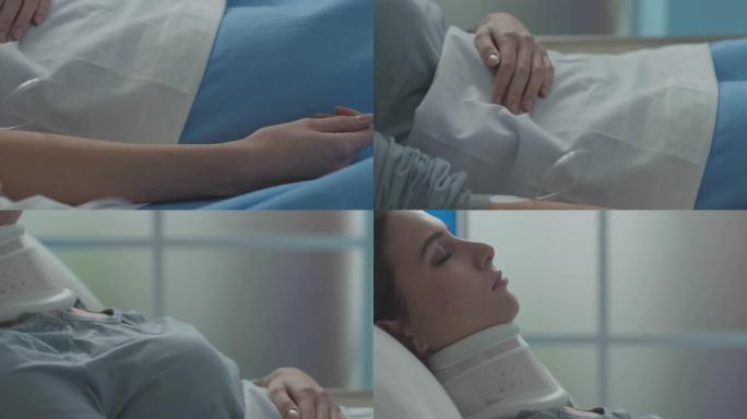 受伤的妇女躺在医院的病床上，颈圈和静脉注射