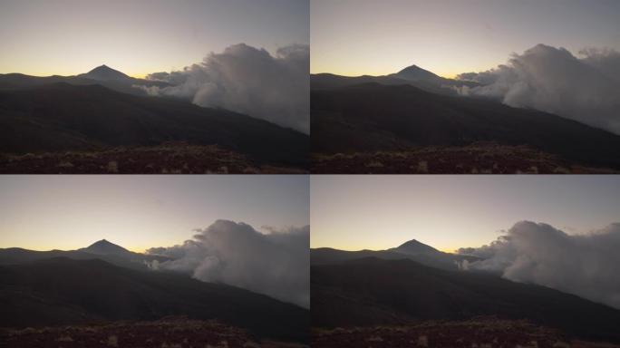 晚上的风景，群山邻近云层。特内里费岛场景