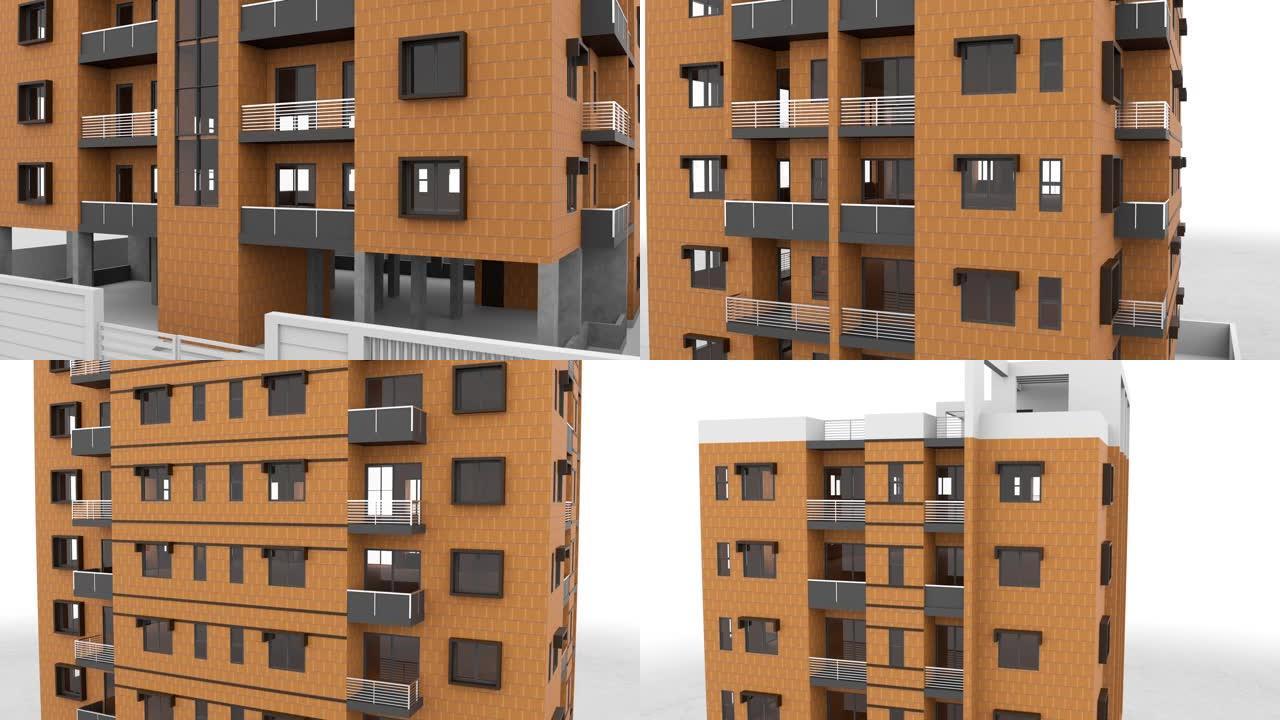 抽象隔离在白色背景上的住宅高层建筑立面。库存镜头。多层建筑的动画3D模型
