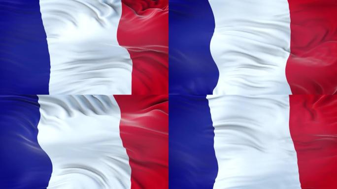 法国国旗在风中飘扬与高度详细的织物质地。无缝循环
