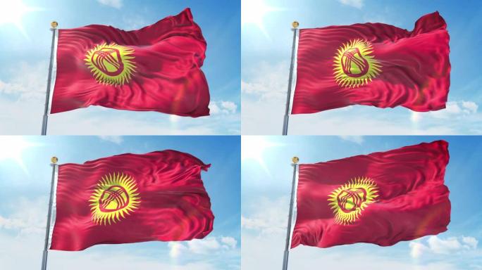 在深蓝色的天空中飘扬的吉尔吉斯斯坦国旗。国家主题，国际理念。3D渲染无缝循环4K