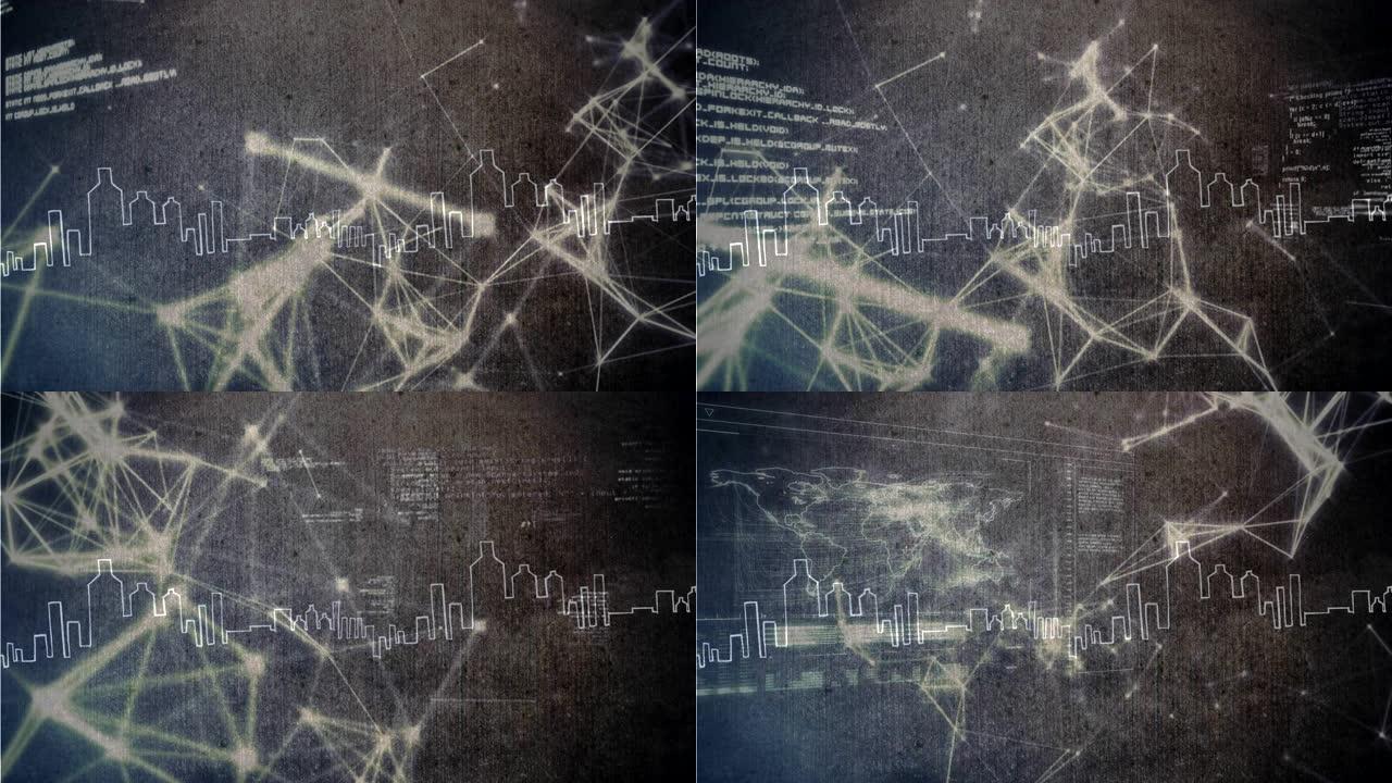 与灰色背景上的数据的光连接，前景上的城市形状