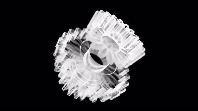 3D渲染线框纺纱圆齿轮，用于技术、行业、工作解决方案概念、隐喻业务团队工作流程概念