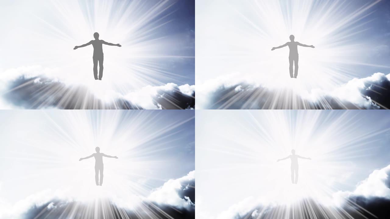 创意4k视频，具有移动的云层和阳光的天空视差效果，双臂张开的男人的轮廓，在明亮的光线下飞行并溶解在其