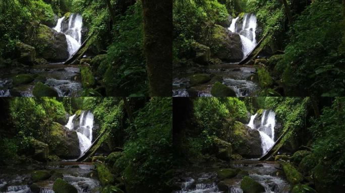 瀑布制作的漂亮河流的侧面万向节稳定镜头