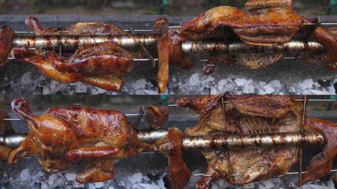 在热炉上旋转鸡肉烤架，街头食品