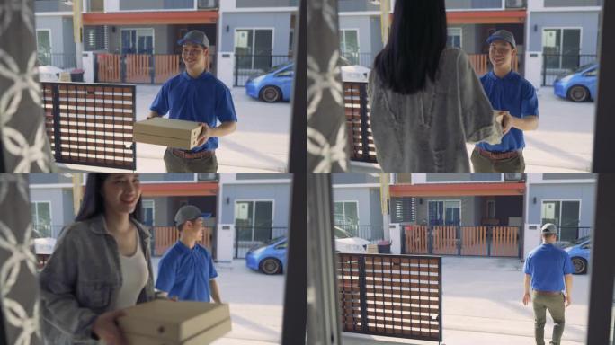 送货员送披萨订单来到顾客门前敞开的门口，送货包服务他的微笑快乐。拍摄于4K UHD镜头电影