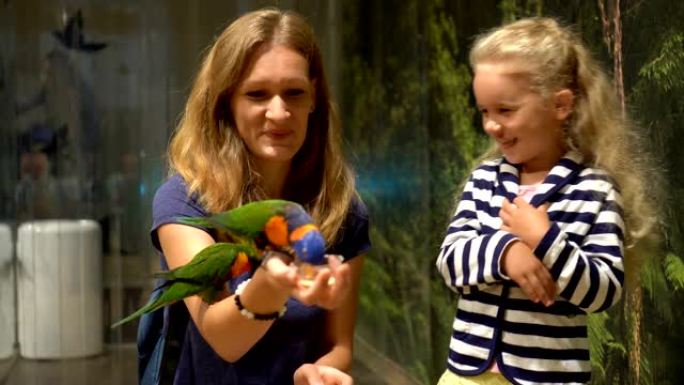 高加索妈妈和小女儿很高兴在动物园喂鹦鹉。万向节运动