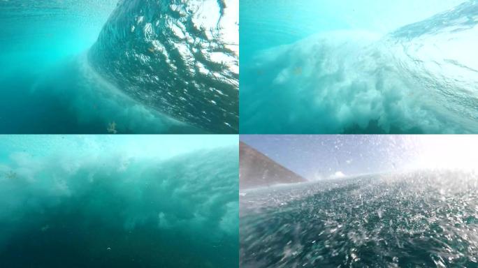 水下波浪。蓝色桶波在海洋中坠毁