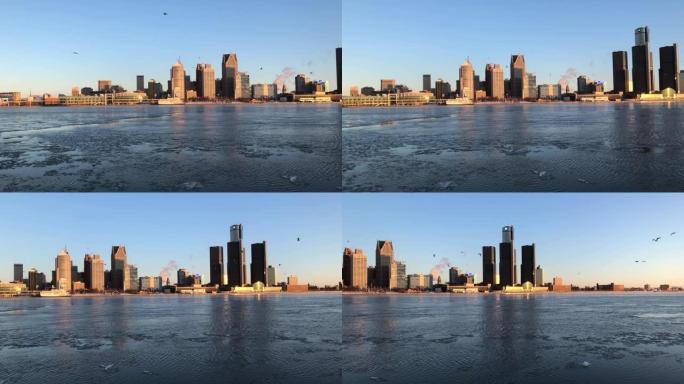 底特律天际线-河上的冬季冰