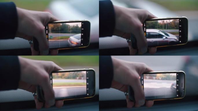公共汽车乘客手中的智能手机屏幕破裂的特写镜头。