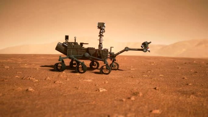 红色星球上的沙尘暴中的火星车。火星好奇号火星车的高度详细的3D动画。