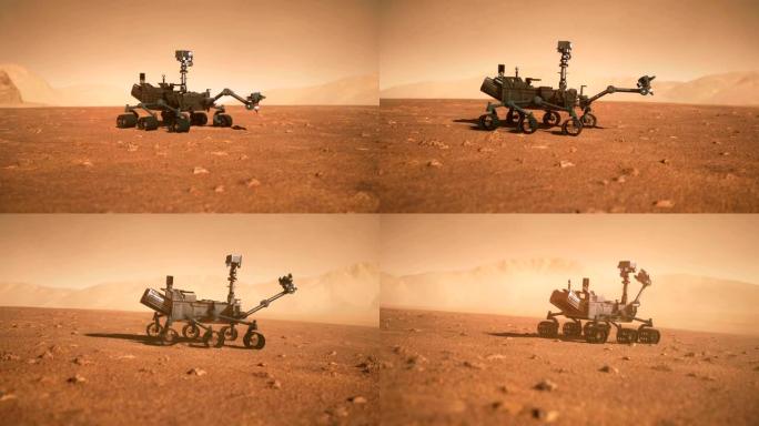 红色星球上的沙尘暴中的火星车。火星好奇号火星车的高度详细的3D动画。