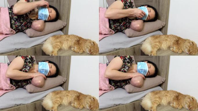 对床上的猫过敏的女人尝试睡觉。素材视频