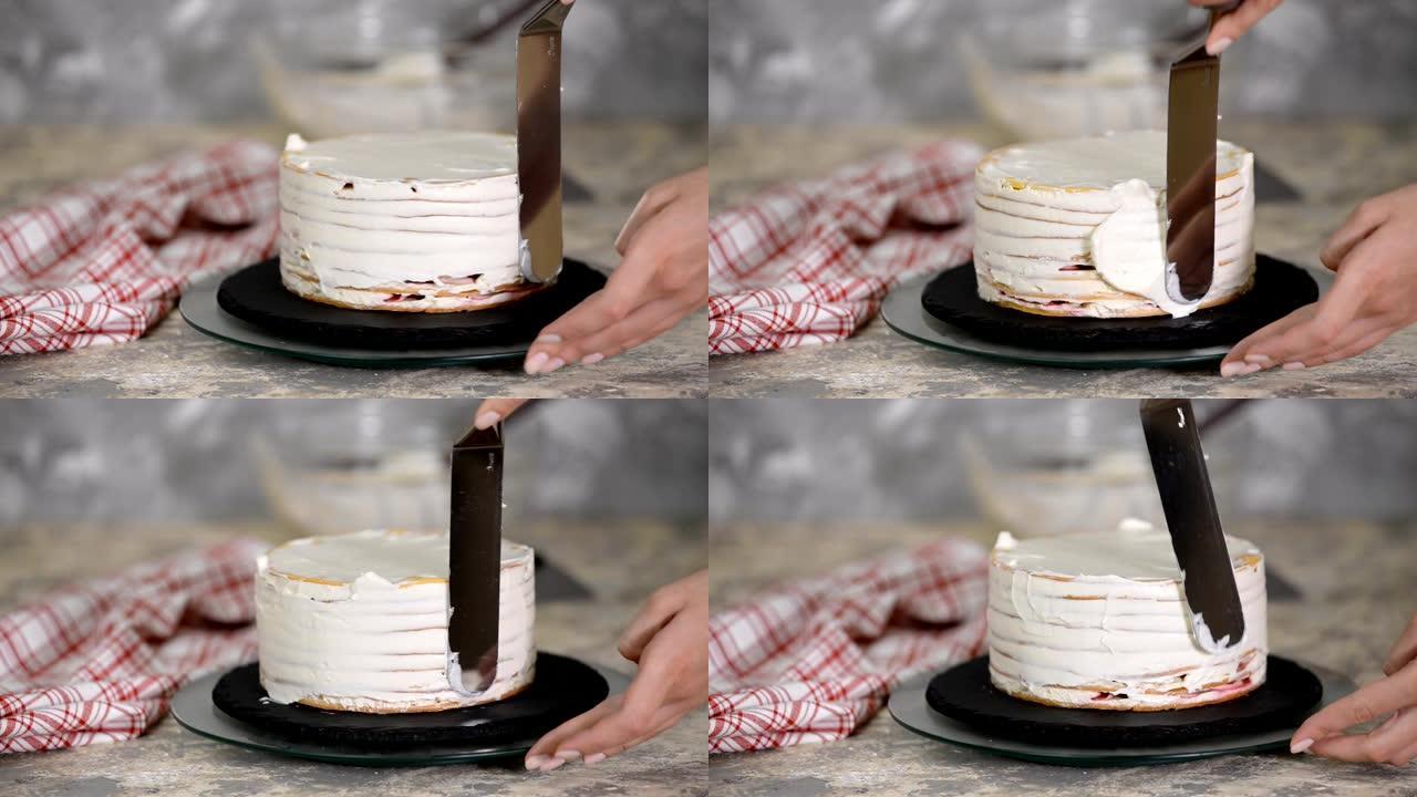 做蛋糕的过程。厨师用樱桃馅和酸奶油制作蛋糕粉。系列。