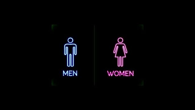 霓虹灯发光闪烁的厕所标志，黑色背景上有蓝色男人和粉色女人符号