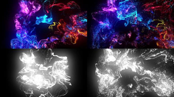 在4k的水中注入荧光墨水。墨水流中辉光粒子的3d渲染。两个碰撞流的相互作用。亮度哑光作为阿尔法通道。