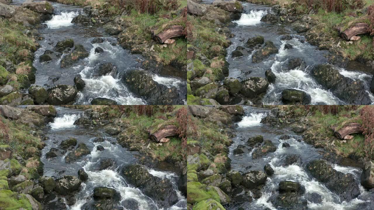 邓弗里斯和加洛韦农村地区小溪的高角度无人机镜头