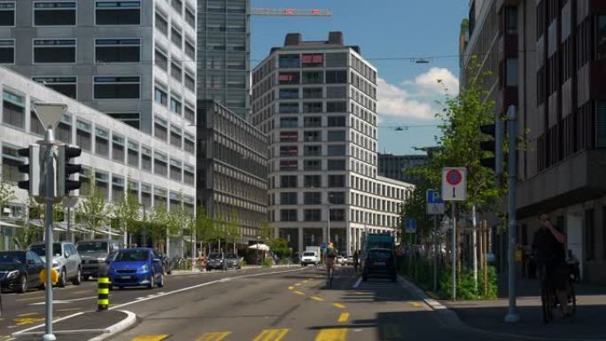 苏黎世市中心夏季晴天商业区交通街慢动作全景4k瑞士