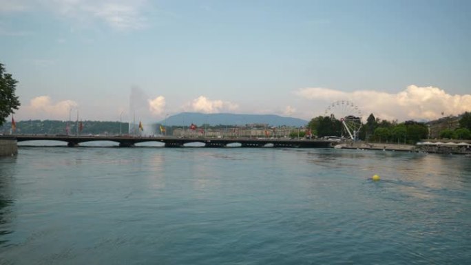 日内瓦市晴天湖滨中央河交通大桥全景4k瑞士