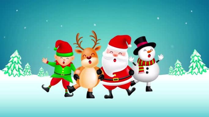有趣的圣诞人物设计在雪背景，圣诞老人，雪人，精灵和驯鹿。