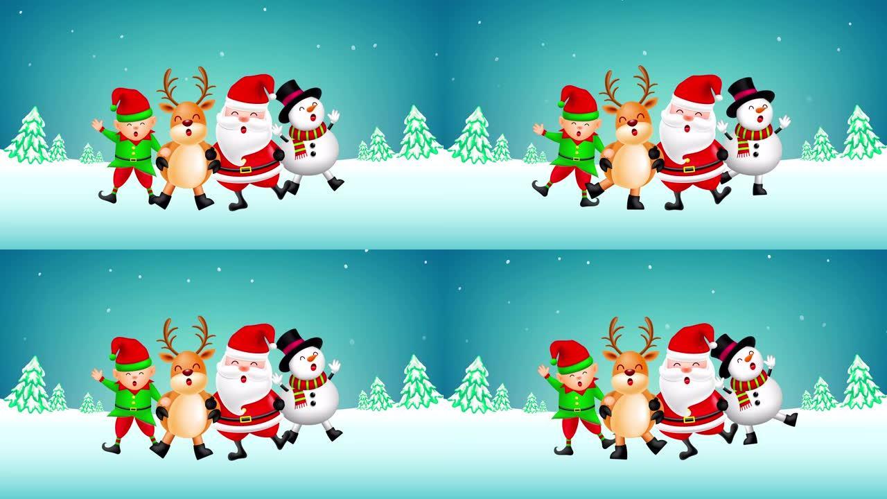有趣的圣诞人物设计在雪背景，圣诞老人，雪人，精灵和驯鹿。