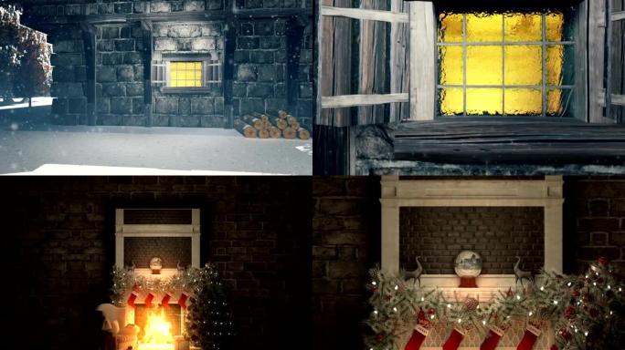 圣诞树、仙女屋和带魔法水晶球的烧烤壁炉。圣诞节和新年循环动画。