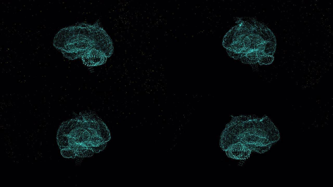 大脑湍流概念。视频显示大脑积极寻找答案，漂浮在太空中。