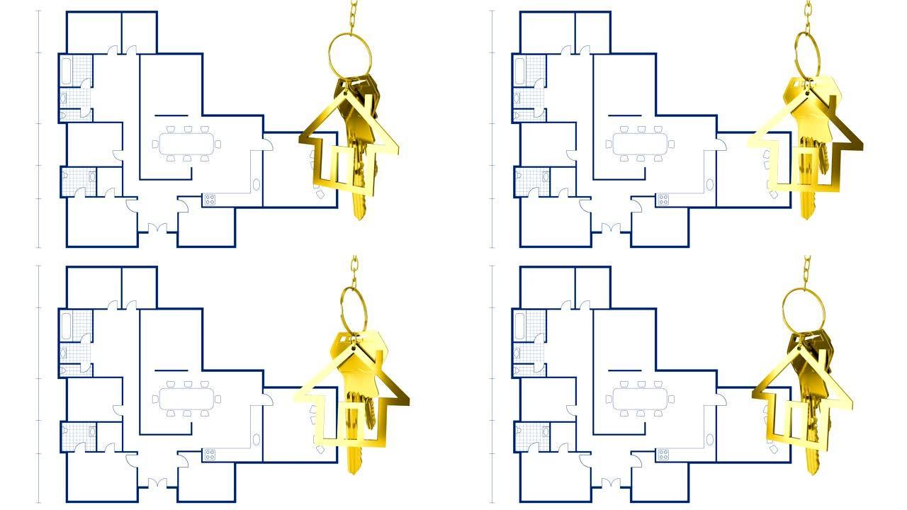 房子钥匙和钥匙扣挂在背景的建筑图纸上