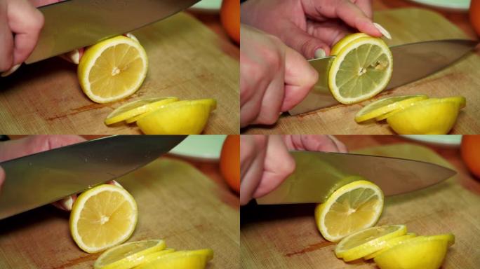 一个女孩用小刀在木板上切多汁的成熟维生素黄色柠檬