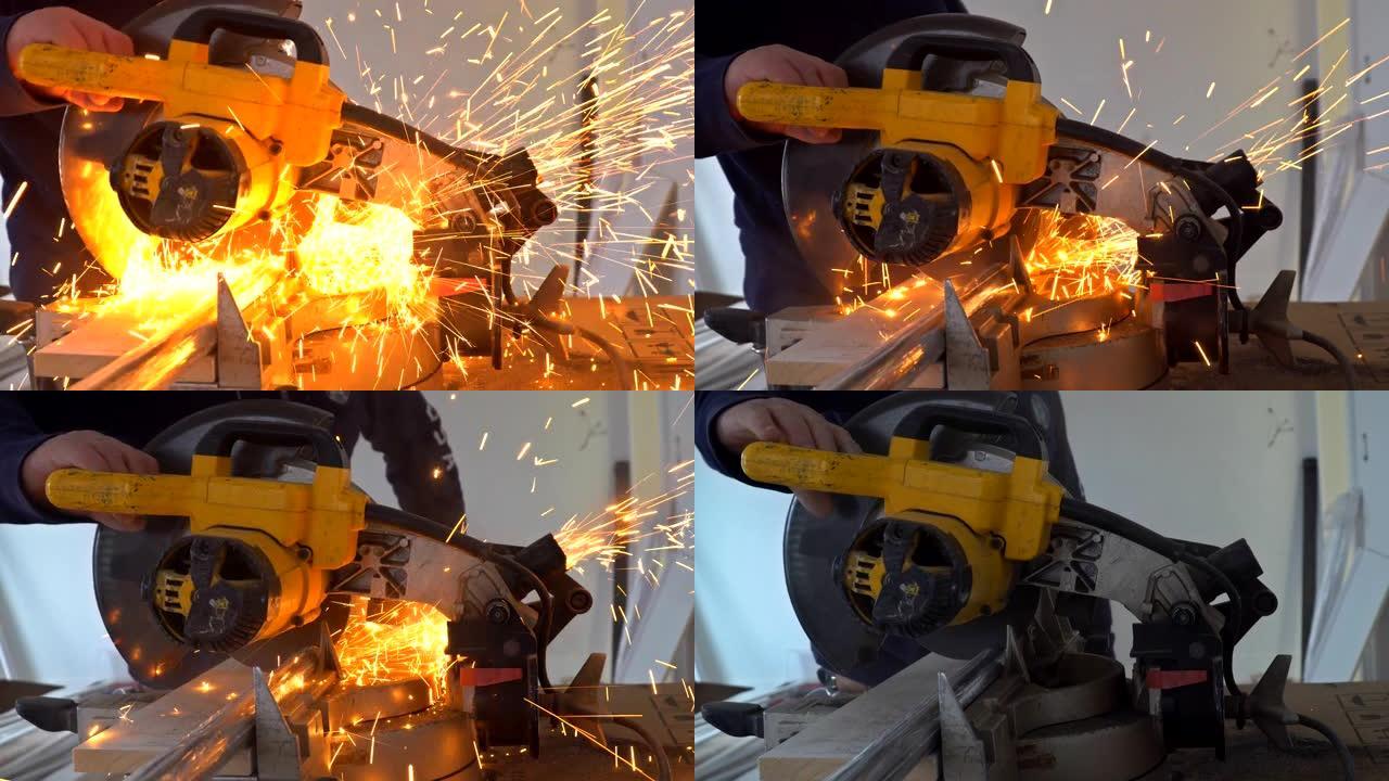 工匠在研磨铁的同时用圆盘研磨机在火花中锯切金属